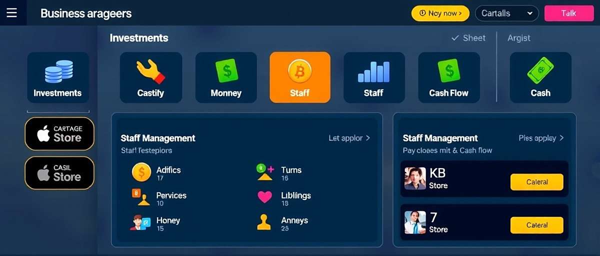 Mumbai Money Makers game interface showing business management dashboard with options for investments, staff management, and cash flow