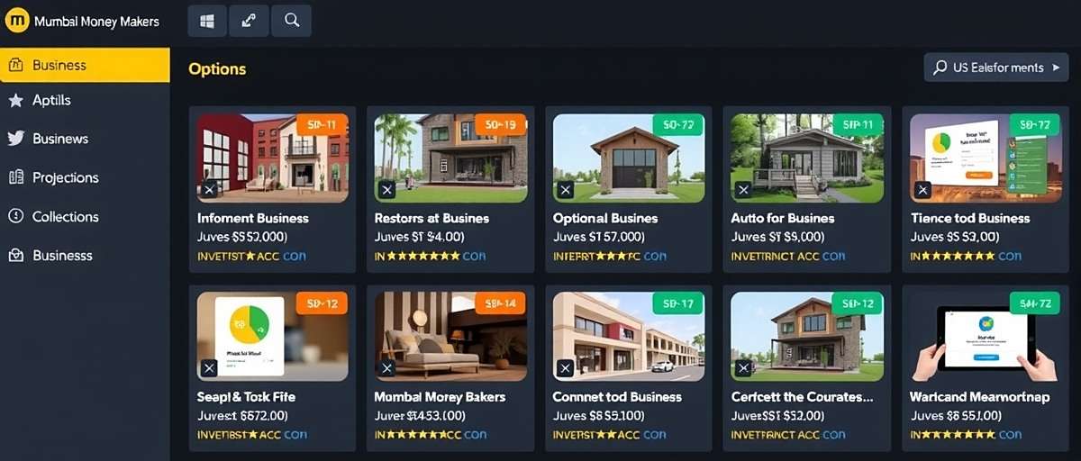 Mumbai Money Makers business selection interface showing various business options with investment requirements and profit projections