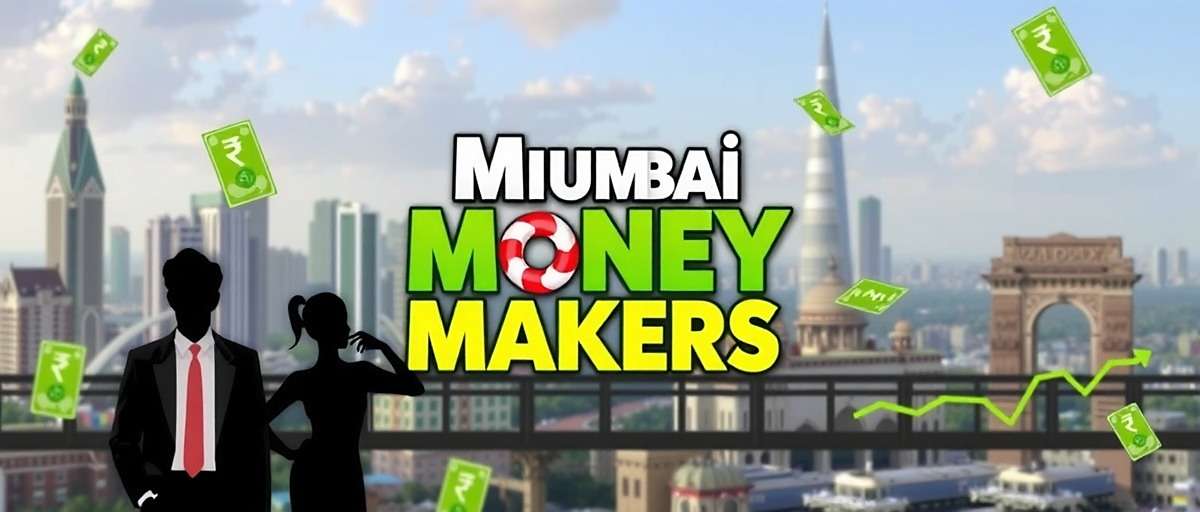 Mumbai Money Makers game cover featuring Mumbai skyline with financial elements like rupee notes, stock graphs, and business people